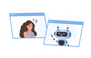 Wall Mural - chatbot concept. woman talking with robot. ai assistant. girl asking questions and receiving answers