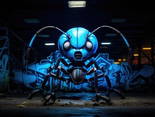 Wall Mural - A blue and black insect in front of a graffiti covered wall. Generative AI.