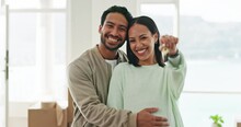 Happy Couple, Real Estate And Hug With Keys For New Home, Property Or Dream Investment Together. Portrait Of Man And Woman Owners For Moving In, Goals Or Mortgage Loan In Happiness For Buying House