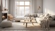 © MuhammadHamza - A Scandinavian-style living room with clean lines, neutral tones, and cozy knit blankets for a minimalist and inviting atmosphere.