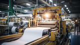 Fototapeta  - Modern paper mill factory with machines turning wood pulp into rolls of paper for various uses