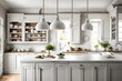 kitchen cabinet made of white wood with a white pendant lamp