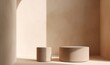 Two matte round, cylinder brown clay podium in different level in arch sunlight, shadow from window on beige wall background for luxury cosmetic, skin care, beauty treatment product, Generative AI