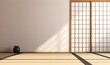 Empty Japanese style room with tatami mat floor, wood shoji window in sunlight, grills shadow on white wall for East Asian interior design decoration, Generative AI