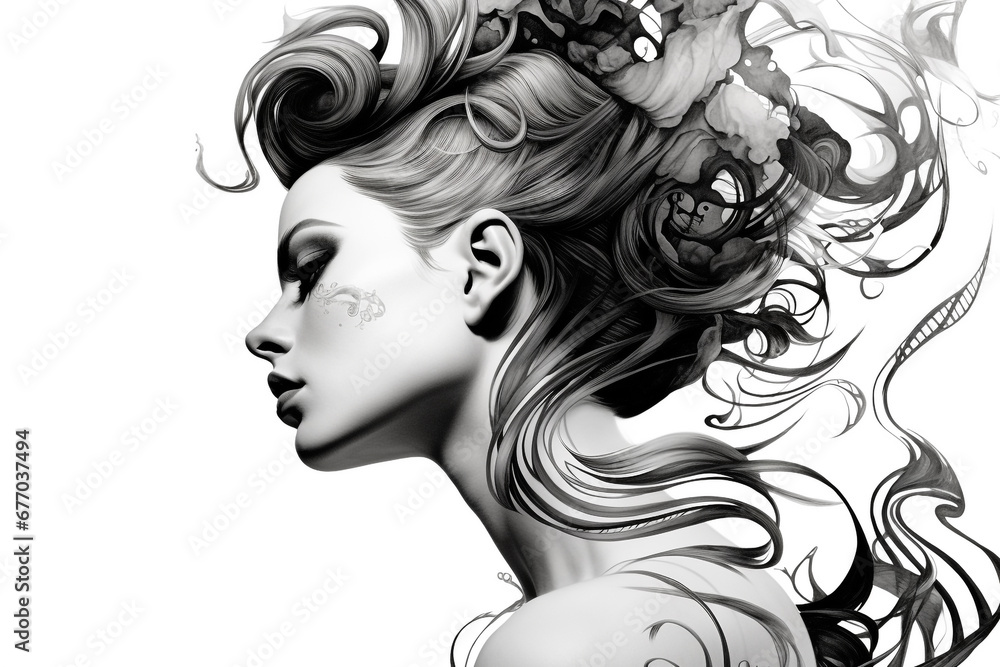 Beauty, fashion, make-up and art concept. Beautiful woman portrait sketch style drawing. Model face drawn with black ink lines style. Black and white illustration