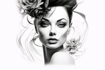 Wall Mural - Beauty, fashion, make-up and art concept. Beautiful woman portrait sketch style drawing. Model face drawn with black ink lines style. Black and white illustration