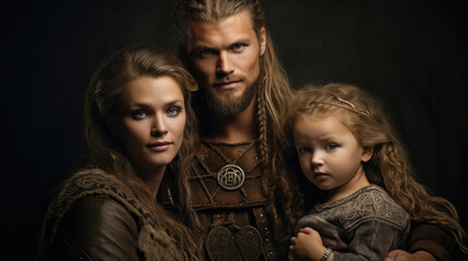 Wall Mural - strong and handsome young Viking family with a man, woman and baby embodies the essence of Viking heritage and resilience on dark background