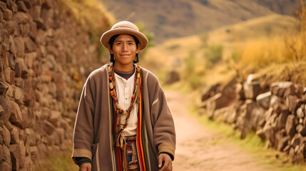 Peruvian young man in traditional clothing on an Inca trail - path in Cusco, Peru