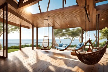 Wall Mural - luxury house veranda with hanging swing and beach view