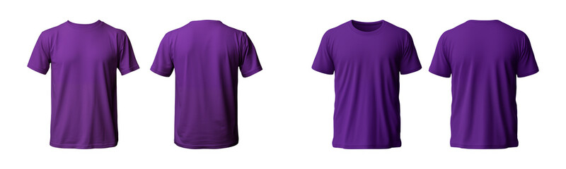 Sticker - realistic set of male purple t-shirts mockup front and back view isolated on a transparent background, cut out