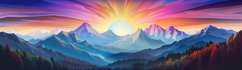 Wall Mural - Painted Serenity: A Breathtaking Sunset Over Majestic Mountain Peaks