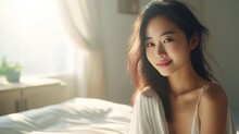 Woman And Happiness,young Beautiful Asian Woman Relax Bedroom.natural Light And Shadow