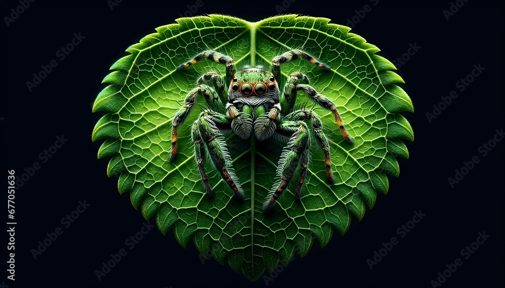 extreme macro of jumping spider sitting on green leaf isolated on black ...