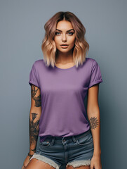 young female model wearing blank purple Bella canvas 3001 t-shirt mock up with Boho Halloween atmosphere