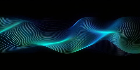 3D  wave lines pattern smooth curve flowing dynamic blue green gradient light isolated on black background for concept of technology, digital, communication, science, Generative AI
