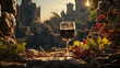old bottle of red wine with wine glass and grapes fruit with beautiful blurred old castle and greenery background  created with Generative AI Technology