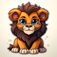 Sticker - Cartoon lion with blue eyes sitting on white background.