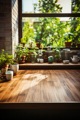 Sticker - Wooden table topped with potted plants next to window.