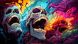 Two skulls with their mouths open in front of colorful background.
