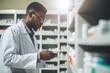 African american pharmacist at shelf. Job retail fully service store. Generate Ai