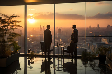 Sticker - Two men in suits standing in front of window with the sun setting.