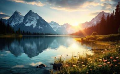 Wall Mural - A Serene Reflection: Painting the Majestic Mountain Lake at Sunset