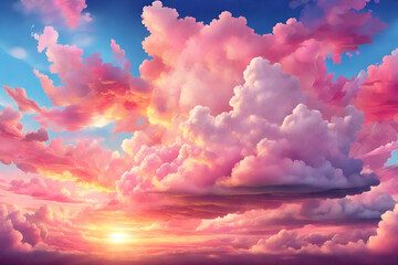 Cartoon summer sunrise with pink clouds and sunshine