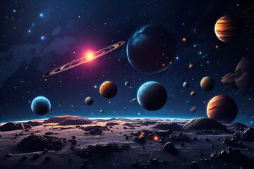 Wall Mural - Planets surface with stars and comets in dark space