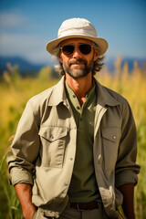 Wall Mural - Man wearing hat and sunglasses standing in field.