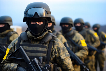 Poster - Group of soldiers with helmets and guns on field.