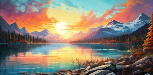 Wall Mural - A Serene Reflection: Mountain Lake at Sunset