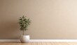 Blank beige brown wall in house with green tropical tree in white modern design pot, baseboard on wooden parquet in sunlight for luxury interior design decoration, Home appliance , Generative AI