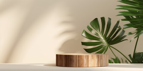 Wall Mural - Natural log wood podium table, green tropical palm tree in sunlight, leaf shadow on beige wall for organic cosmetic, skincare, beauty treatment product display background, Generative AI