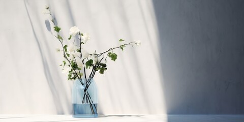 Poster - 3D Transparent blue glass vase with white rose flower, bouquet of green tree twig in outdoor sunlight on concrete counter and wall for luxury interior, Generative AI