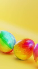 Sticker - Three colorful eggs sitting on yellow surface with yellow background. Vertical looped animation.