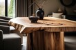 Rustic live edge dining table and solid wood armchair close up. Organic interior design of modern living room in farmhouse. Created with generative AI, Generative AI