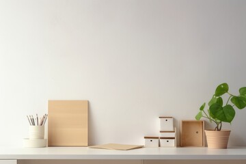 Desk at home office with supplies and wall copy space. Minimalistic workspace, Generative AI