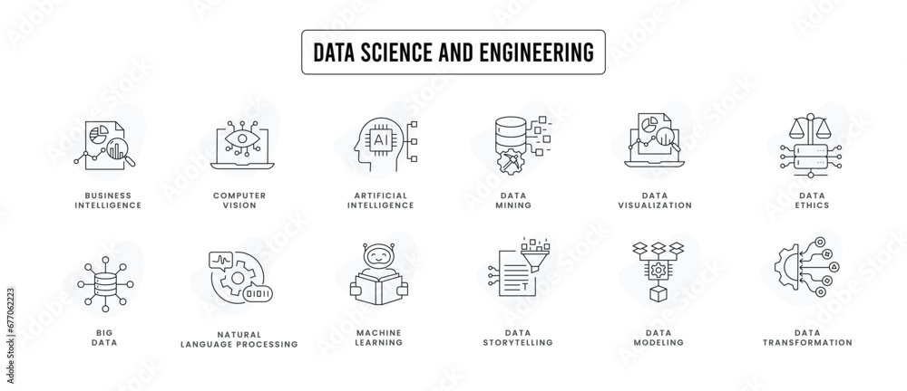 Data science and engineering icons: modeling, transformation, mining ...