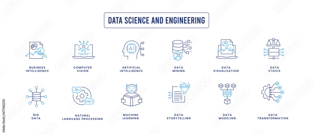 Data science and engineering icons: modeling, transformation, mining ...