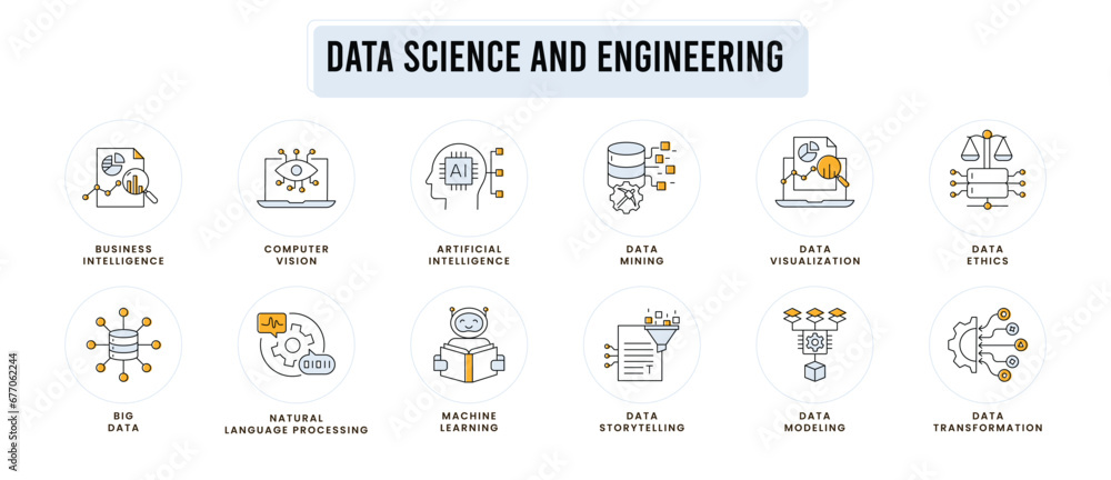 Data science and engineering icons: modeling, transformation, mining ...