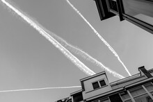 Black White Sky Smog Trace Roof Top Plane House Flight Pollution Netherland