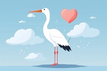 Cute Baby Shower / Baby Welcome Newborn  Illustration  Greeting Card With Standing Stork And Red Hearts  In Blue Sky