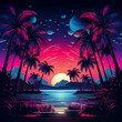 Bright neon landscape in psychedelic style, background, sea, palm trees, sunset