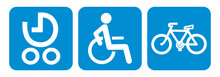 Set of three symbols, icon, wheelchair, stroller, bicycle, pictograms on means of transport, train, bus, reserved spaces, vector