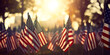 Standing Tall for Sacrifice Flags Create a Memorial Day Presence Amidst Sunlight and Big Trees background, an amazing picture of Nature's Embrace generative AI