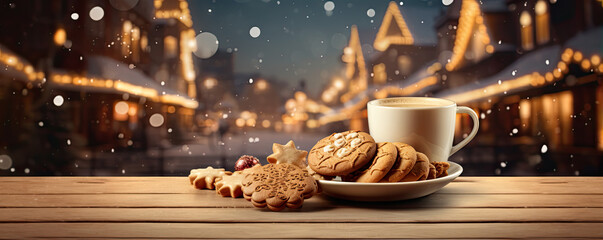 Wall Mural - Christmas cup of the cinnamon tea and cake with decoration on the wooden table .