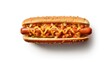 hot dog with a lot of sauce on white background