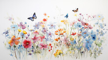 A Pastel Watercolor Drawing Of Small Colorful Flowers And Butterflies
