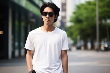 Sticker - Handsome asian model wearing blank t-shirt for mockup design