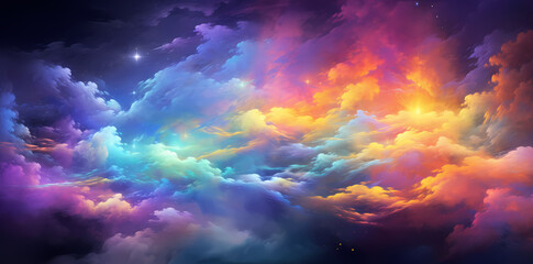 Poster - rainbow colored clouds on a dark background, in the style of yellow and violet, photobashing, colorful graphic art, light cyan and crimson